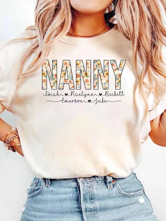 Tops - Floral Nanny Shirt, Custom Nanny Tee With Kids Names, Mothers Day Shirt